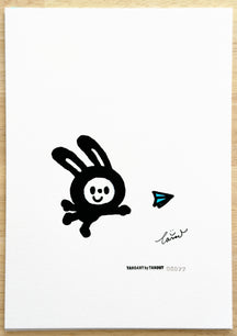 TAROART by TAROUT 00077, HAVE A NICE FLIGHT.: full view of the original painting with the transparent text sheet removed, showing LUNNY with outstretched arms beside a flying blue paper airplane.