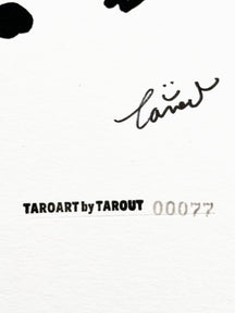TAROART by TAROUT 00077, HAVE A NICE FLIGHT.: close-up of the artist's signature and work number 00077 on the white board.