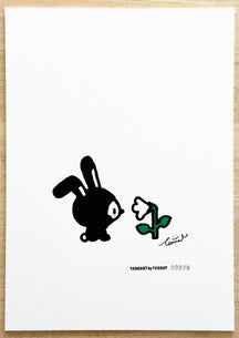 TAROART by TAROUT 00078, I'D RATHER KNOW YOU.: full view of the original painting with the transparent text sheet removed, showing LUNNY facing a white flower with a green stem and leaves.