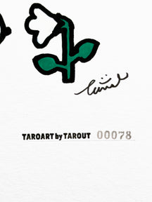 TAROART by TAROUT 00078, I'D RATHER KNOW YOU.: close-up of the white flower, green stem and leaves, signature and work number 00078.