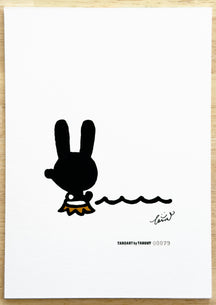 TAROART by TAROUT 00079, SEE YOU AGAIN, RIVER.: full view of the original painting with the transparent text sheet removed, showing LUNNY seen from behind, raising a hand beside a wavy line representing a river.