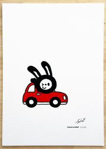 TAROART by TAROUT 00080, I'LL DRIVE.: full view of the original painting with the transparent text sheet removed, showing LUNNY winking from a small red car.