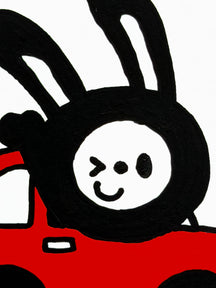 TAROART by TAROUT 00080, I'LL DRIVE.: close-up of LUNNY's winking face and the red car.