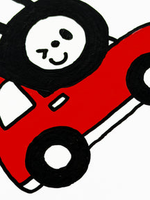 TAROART by TAROUT 00080, I'LL DRIVE.: close-up of an angled close view of LUNNY and the red car's door and wheel.