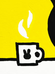 TAROART by TAROUT 00081, I KNOW.: close-up of the white cup with a black rabbit motif and painted steam against yellow.