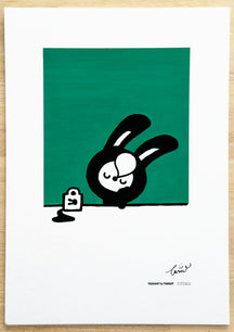 TAROART by TAROUT 00083, I DON'T THINK, BUT I AM.: full view of the original painting with the transparent text sheet removed, showing LUNNY asleep with closed eyes and a bubble from the nose on a green background.