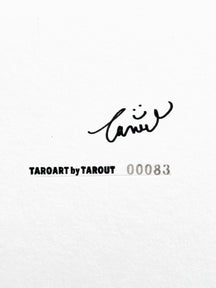 TAROART by TAROUT 00083, I DON'T THINK, BUT I AM.: close-up of the artist's signature and work number 00083 on the white board.