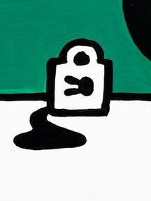 TAROART by TAROUT 00083, I DON'T THINK, BUT I AM.: close-up of the small white tag-shaped motif and a black painted line below the green area.