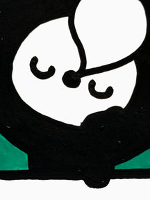 TAROART by TAROUT 00083, I DON'T THINK, BUT I AM.: close-up of LUNNY's closed eyes and nose bubble against the green background.