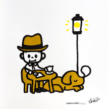 Memories of Ginza 08, TAROART by TAROUT 00043, acrylic gouache by TAROUT, 2026, featuring a seated man at a small table with a dog and a street lamp