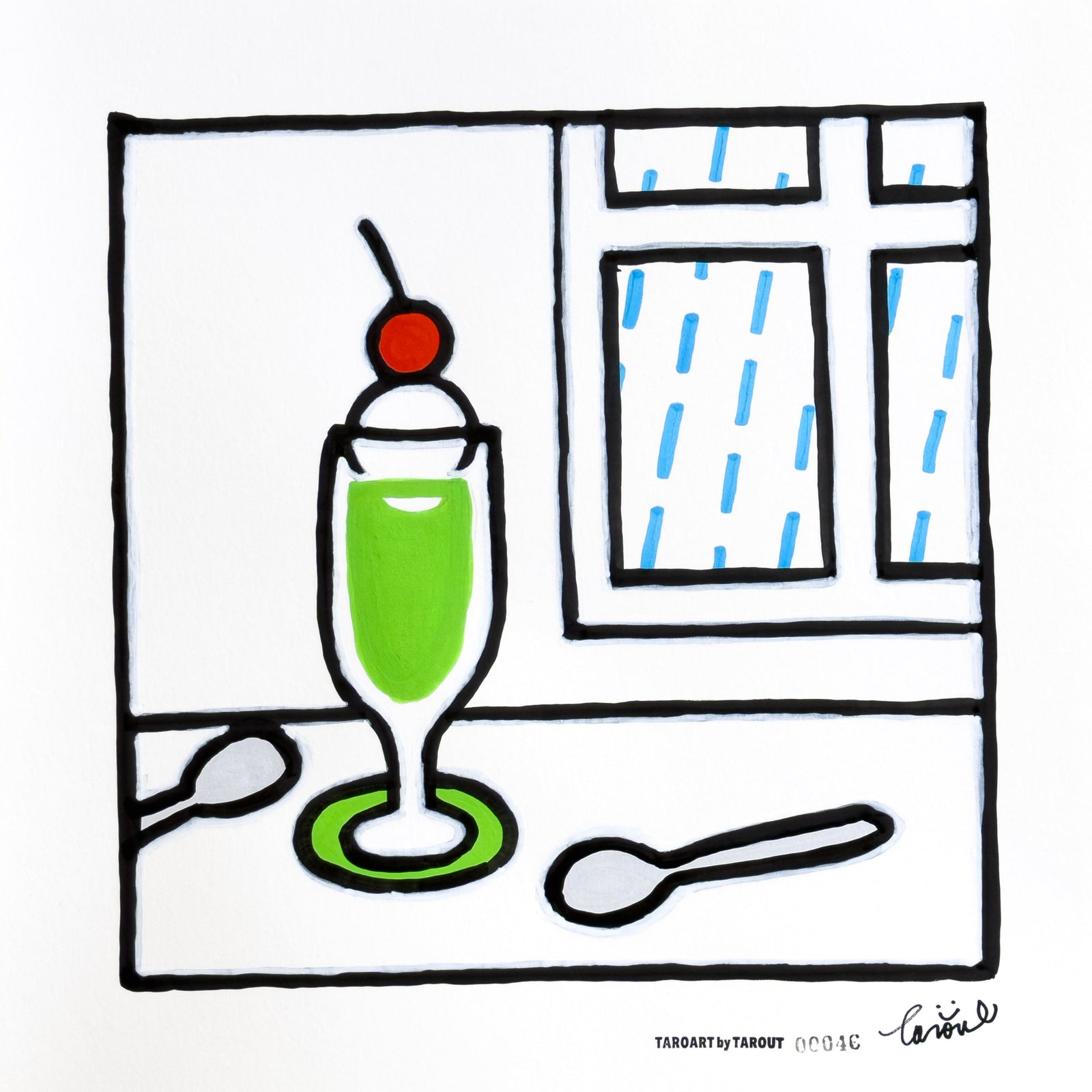 Memories of Ginza 11, TAROART by TAROUT 00046, acrylic gouache by TAROUT, 2026, featuring a green soda float in a tall glass beside a window and spoon