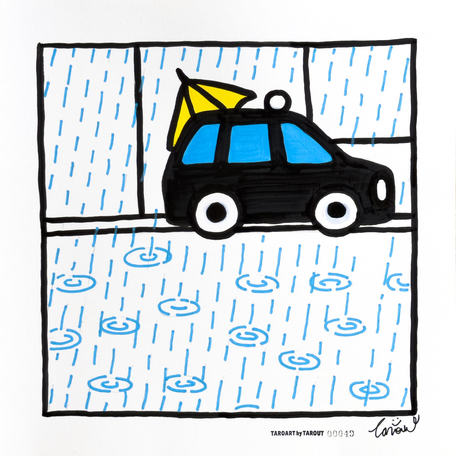 Memories of Ginza 14, TAROART by TAROUT 00049, acrylic gouache by TAROUT, 2026, featuring a black taxi in rainy Ginza with blue reflections