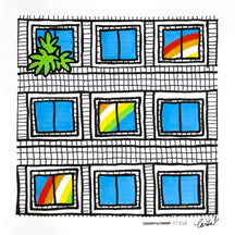 Memories of Ginza 15, TAROART by TAROUT 00050, acrylic gouache by TAROUT, 2026, featuring a building facade with blue windows and colorful reflections