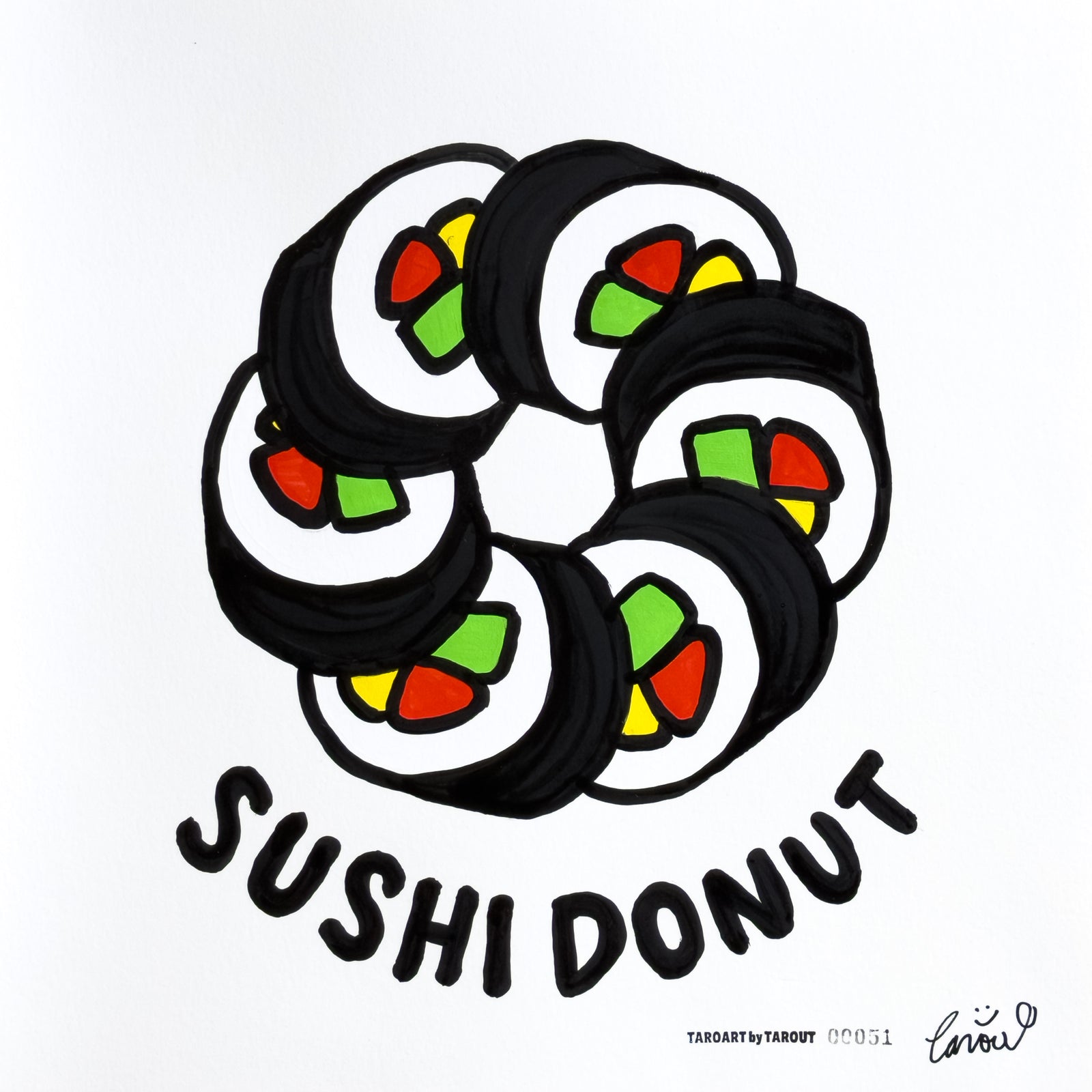 Remix Donuts 01, TAROART by TAROUT 00051, acrylic gouache by TAROUT, 2026, featuring a circular sushi donut with seaweed rolls and bold SUSHI DONUT lettering