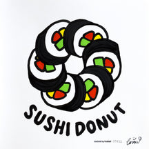 Remix Donuts 01, TAROART by TAROUT 00051, acrylic gouache by TAROUT, 2026, featuring a circular sushi donut with seaweed rolls and bold SUSHI DONUT lettering