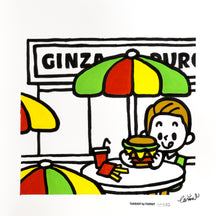 Memories of Ginza 04, TAROART by TAROUT 00039, acrylic gouache by TAROUT, 2026, featuring a Ginza street cafe scene with people under colorful umbrellas