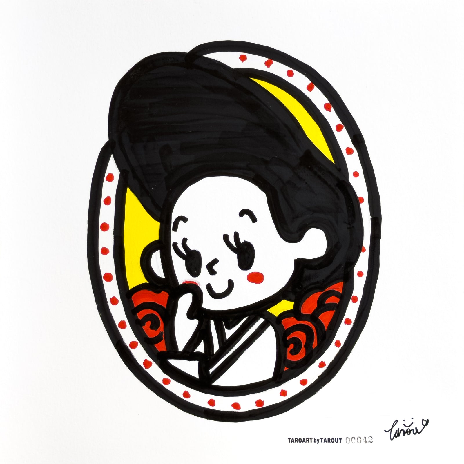 Memories of Ginza 07, TAROART by TAROUT 00042, acrylic gouache by TAROUT, 2026, featuring a woman in a circular portrait frame with red accents